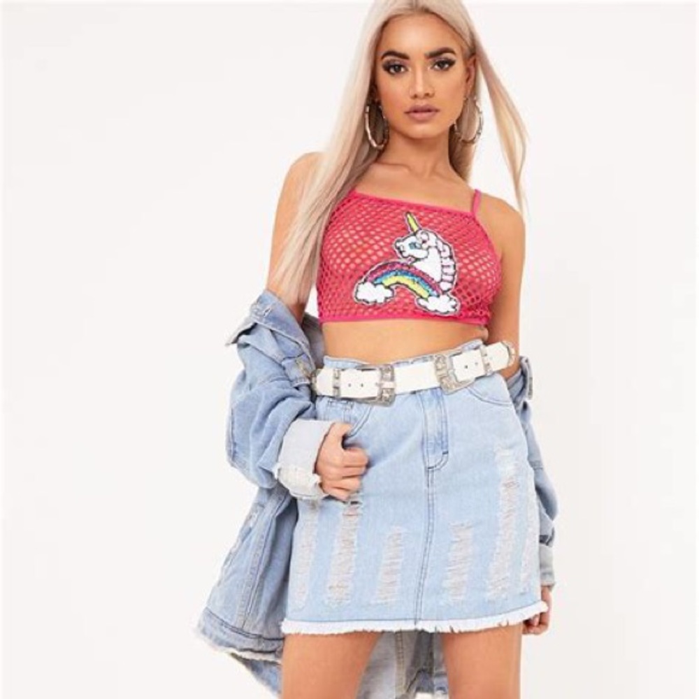 Pink unicorn fishnet appliqué rave pride crop top